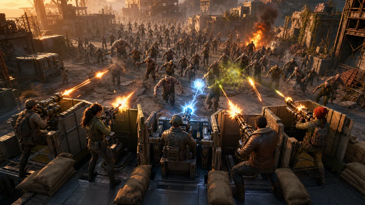 Survivors defend a fortified wall from a zombie horde