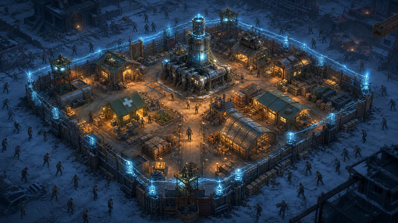 A powered survivor shelter holds back zombies at night